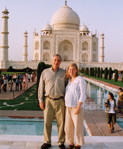 During a visit to India last month, Cherrington was accompanied by his daughter, Andrea Cherrington, M.D., (shown here in front of the Taj Mahal) and several other family members. Cherrington and her husband, Michael Mugavero, M.D., are expecting their first child in December.