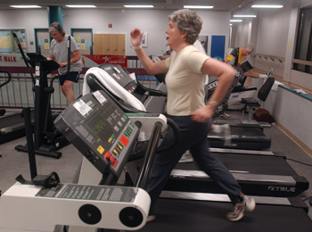 Staying active is important to Chescheir, here working out at the Kim Dayani Center.
photo by Dana Johnson