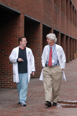 Fred Kirchner, M.D., right, and Johathan MacCabe, M.D., talk on the plaza.
photo by Dana Johnson