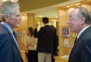 Duke University’s Ralph Snyderman, M.D., talks with Robert Early at the center’s opening event.
Photo by Susan Urmy