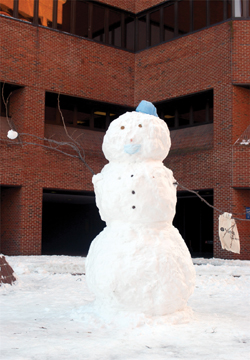 An eight-foot snowman dressed as a doctor stood outside the hospital after the snowstorm last week. (photo by Dana Johnson)