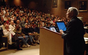 Light Hall was packed Tuesday as Cohen delivered the Ed Holloran Memorial Lecture, sponsored by the Alpha Omega Alpha Honor Medical Society. (photo by Dana Johnson)