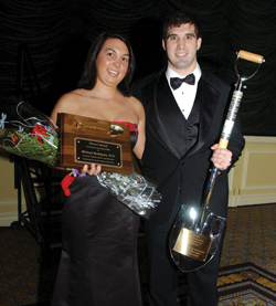 Sara and Jonas Rodriguez, the children of Michael Rodriguez, M.D., who died recently, accepted the Shovel Award on his behalf at the Cadaver Ball. 
photo by Anne Rayner