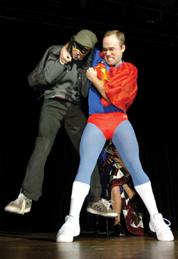 Fourth-year medical student Michael Johnston as Superman wins over enemy Boris Pavlin during a skit.