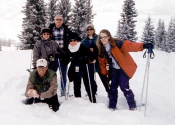 The Vanderbilt-Ingram gang takes a snowshoe tour of the mountain. From left, Orrin Ingram (kneeling), Barbara Murphy, Hal Moses, Susan Holt, Linda Moses and Audrey Smith.