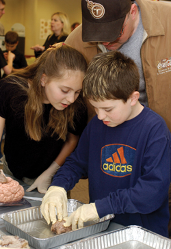 Naomi Hastings, 11, and her brother Brennan, 9, examine a sheep brain with their father Joe. Photo by Dana Johnson