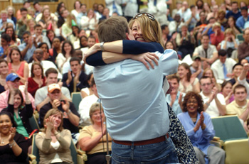 Robert and Lane Morrison react after learning he matched at Riverside Regional Medical Center in Virginia (Transitional) and VUMC. (photo by Susan Urmy)