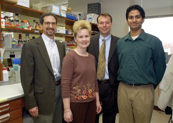 Left to right: Walter J. Chazin, Ph.D., Tammy Wingo, graduate student, Jeffrey R. Balser, M.D., Ph.D, and Vikas N. Shah, graduate student, collaborated on an arrhythmia study, which is reported in this month’s Nature Structural & Molecular Biology. Photo by Dana Johnson