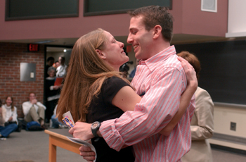 Darcie Reasoner hugs her fiance Troy Gorman after they matched together at the University of Utah.