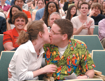 Justin Lockman kisses his wife Meghan after matching at Johns Hopkins Hospital in Baltimore. Lockman is one of several married VUSM students.