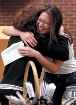 Tracy Clark hugs Dr. Bonnie Miller, associate dean for Medical Students, at the Match Day event. Clark matched at Children’s Hospital in Los Angeles.