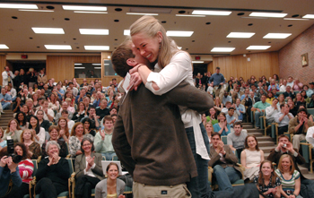 Leigh Anne Dageforde embraces her fiance, Chris Redhage, after learning she matched at Vanderbilt. (photo by Dana Johnson)