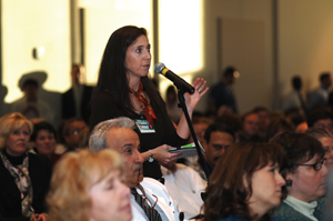 Shari Barkin, M.D., chief of General Pediatrics, asks a question during the State of the Medical Center address. (photo by Anne Rayner)