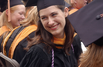 Melissa Gudan, a graduate of VUSN’s Family Nurse Practitioner program, was all smiles at the ceremony at Branscomb Quadrangle. 
(photo by Susan Urmy)