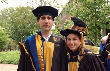 Paul Marasco, Ph.D. in Neuroscience, and Melissa Maginnis, Ph.D. in Microbiology and Immunology, wait in line before the ceremony.
(photo by Susan Urmy)