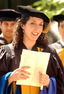 Arlene Kray waits in line before the graduate school ceremony.  She received her Ph.D. in Pharmacology.
Photo by Dana Johnson