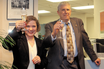 Dr. Barbara Murphy and Dr. Harold Moses raise a toast to the benefactors, nurses, physicians and staff who have made possible the expansion of the <a href='http://www.vanderbilthealth.com/cancer'>Vanderbilt-Ingram Cancer Center</a>'s Pain and Symptom Management Program.