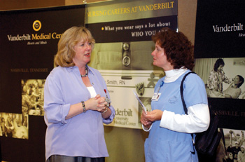 Registered nurse Lisa Turk with Vanderbilt Home Care talks with Linda Norton, RN, during the Nurse Recruitment Open House held on Monday as part of National Nurses Week.