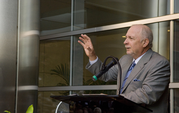 Harry Jacobson, M.D., addresses the crowd at Tuesday’s events. (photo by Dana Johnson)