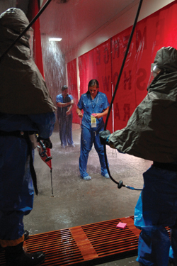 Once finished in the shower, drill participants were met by Environmental Health and Safety officers for further decontamination.