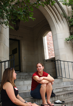 Mary Sanford Hay, left, an Acute Care specialty student, and Emily Vogle, a Pediatric Nurse Practitioner specialty student, chat during Monday’s picnic. Photo by Mary Donaldson