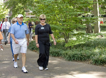 Harry Jacobson, M.D., left, and Mary Yarbrough, M.D., take part in last Thursday’s Walk it Out tour of the Vanderbilt Campus. (photo by Susan Urmy)
