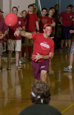 Gabbe Advisory College’s Scott Zuckerman takes aim during the dodgeball tournament. (photo by Joe Howell)
