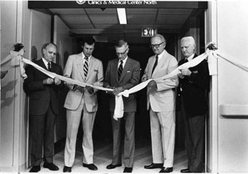 Cutting the ribbon to open VUH in 1980 were, from left, VUSM dean John Chapman, M.D.; Bill Kreykes, hospital director; VU Chancellor Harvie Branscomb; VU president Emmet Fields; and VU Vice President Vernon Wilson.